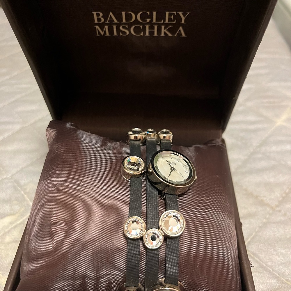 Badgley Mischka Black Leather Band with crystals Watch
